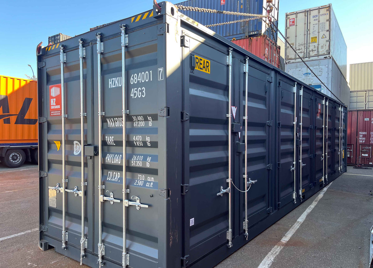 Contenedor marítimo 40’ HC Open Side– 8 puertas laterales EOD IICL 6 nuevo, gris