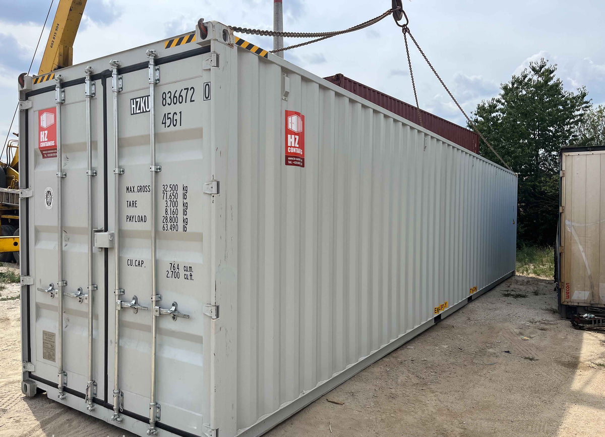 Contenedor marítimo de almacenamiento 40′ High Cube nuevo – CSC válido, 836 672-0, gris claro