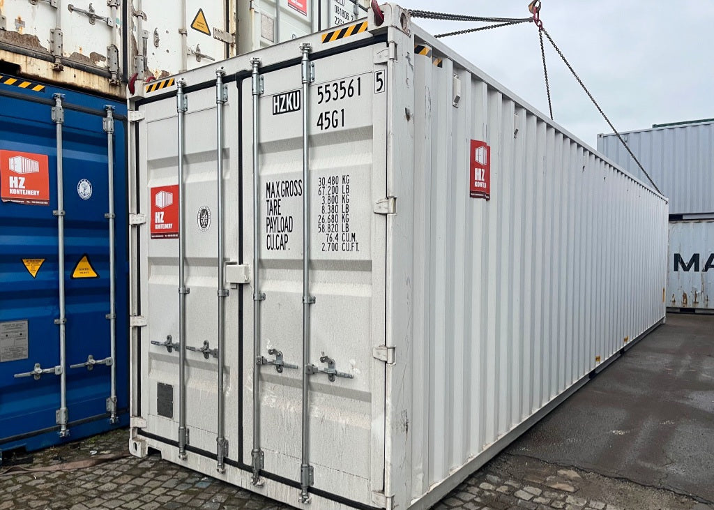 Contenedor de transporte 40′ High Cube – HZKU 553 561-5, seminuevo blanco