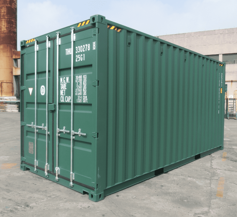 Contenedor marítimo 20′ High Cube – Suelo de acero, nuevo verde